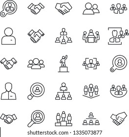 Thin Line Icon Set - handshake vector, hierarchy, pedestal, group, user, company, hr, meeting, client search, consumer