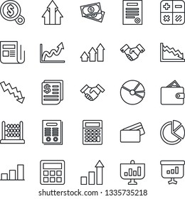 Thin Line Icon Set - handshake vector, growth statistic, calculator, crisis graph, cash, receipt, news, bar, pie, abacus, contract, credit card, arrow up, wallet, money search, presentation
