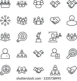Thin Line Icon Set - handshake vector, hierarchy, pedestal, team, patient, group, user, company, hr, meeting, client search, consumer