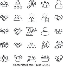 Thin Line Icon Set - handshake vector, hierarchy, pedestal, team, patient, group, user, company, hr, meeting, client search, consumer