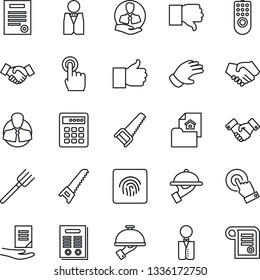 Thin Line Icon Set - handshake vector, document, farm fork, glove, saw, client, touch screen, finger up, down, fingerprint id, contract, estate, waiter, remote control, combination lock