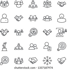 Thin Line Icon Set - handshake vector, hierarchy, pedestal, team, patient, group, user, company, hr, meeting, client search, consumer