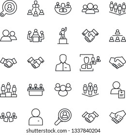 Thin Line Icon Set - handshake vector, pedestal, team, patient, group, user, company, hr, meeting, hierarchy, client search, consumer