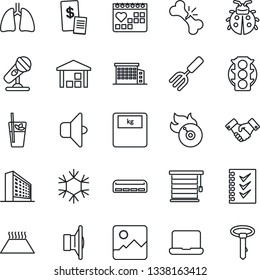 Thin Line Icon Set - handshake vector, office building, garden fork, lady bug, scales, lungs, broken bone, medical calendar, traffic light, warehouse, flame disk, microphone, speaker, gallery, sound