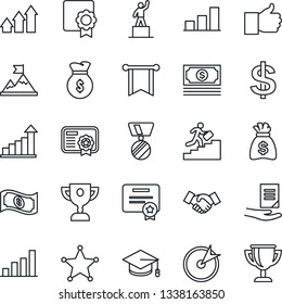 Thin Line Icon Set - handshake vector, growth statistic, dollar sign, pedestal, medal, graduate, money bag, document, cash, finger up, sertificate, bar graph, career ladder, police, target, arrow