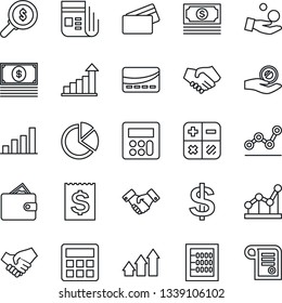 Thin Line Icon Set - handshake vector, growth statistic, dollar sign, calculator, cash, receipt, news, bar graph, pie, abacus, point, credit card, arrow up, wallet, money search, investment