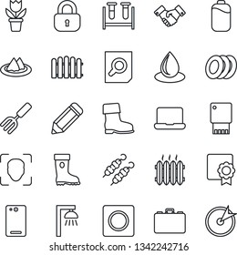 Thin Line Icon Set - handshake vector, case, document search, pencil, flower in pot, garden fork, fence, boot, water drop, blood test vial, phone back, record, face id, battery, sertificate, lock