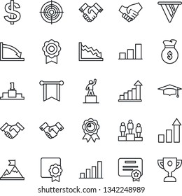 Thin Line Icon Set - handshake vector, growth statistic, dollar sign, pedestal, medal, graduate, sertificate, bar graph, target, motivation, money bag, pennon, crisis, certificate, award cup