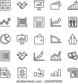 Thin Line Icon Set - handshake vector, growth statistic, calculator, cash, receipt, news, bar graph, pie, abacus, point, contract, credit card, arrow up, wallet, crisis, investment, presentation