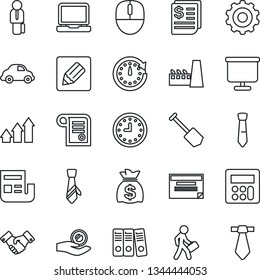 Thin Line Icon Set - handshake vector, gear, mouse, money bag, job, car delivery, clock, receipt, laptop pc, calculator, notes, presentation board, news, paper binder, tie, manager, factory