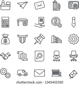 Thin Line Icon Set - handshake vector, gear, contract, mail, office chair, calculator, pennant, document search, desk, tie, money bag, drawing pin, manager place, building, car, paper plane