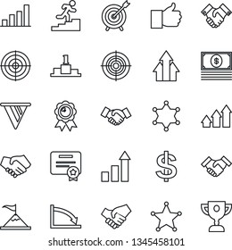 Thin Line Icon Set - handshake vector, growth statistic, dollar sign, medal, finger up, bar graph, target, career ladder, police, arrow, motivation, pennon, crisis, cash, certificate, pedestal