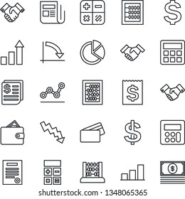 Thin Line Icon Set - handshake vector, growth statistic, dollar sign, calculator, abacus, crisis graph, receipt, news, bar, pie, point, contract, credit card, wallet, cash