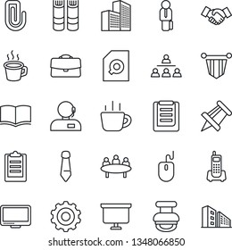 Thin Line Icon Set - handshake vector, gear, book, pennant, mouse, tie, presentation board, coffee, meeting, drawing pin, office phone, clipboard, monitor, case, paper clip, building, support, stamp