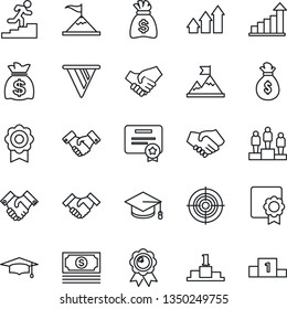 Thin Line Icon Set - handshake vector, growth statistic, pedestal, medal, graduate, money bag, cash, sertificate, target, career ladder, arrow up graph, motivation, pennon, certificate