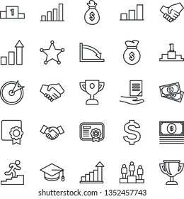 Thin Line Icon Set - handshake vector, growth statistic, dollar sign, pedestal, graduate, document, cash, sertificate, bar graph, career ladder, police, target, money bag, crisis, certificate