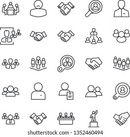 Thin Line Icon Set - handshake vector, pedestal, team, patient, group, user, hr, meeting, hierarchy, company, client search, consumer