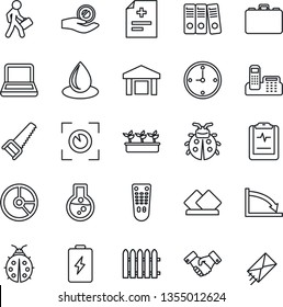 Thin Line Icon Set - handshake vector, case, circle chart, fence, saw, lady bug, seedling, water drop, diagnosis, pulse clipboard, warehouse, remote control, clock, office phone, paper binder, flask