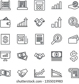 Thin Line Icon Set - handshake vector, growth statistic, dollar sign, abacus, cash, receipt, news, calculator, bar graph, contract, credit card, wallet, crisis, money search, investment