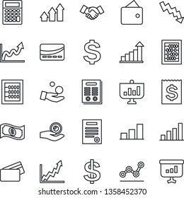 Thin Line Icon Set - handshake vector, growth statistic, dollar sign, abacus, crisis graph, receipt, bar, point, contract, credit card, arrow up, wallet, investment, cash, calculator, presentation