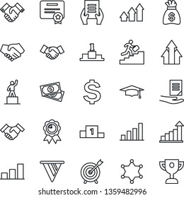 Thin Line Icon Set - handshake vector, growth statistic, dollar sign, pedestal, medal, graduate, money bag, document, cash, bar graph, career ladder, police, target, arrow up, pennon, certificate