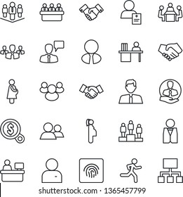 Thin Line Icon Set - handshake vector, speaking man, pedestal, meeting, manager place, run, patient, pregnancy, client, group, user, fingerprint id, desk, company, estate agent, waiter, money search