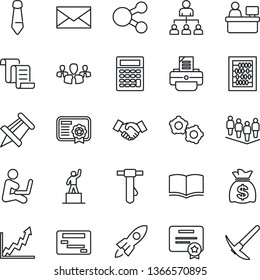 Thin Line Icon Set - handshake vector, gear, contract, mail, hierarchy, book, pedestal, team, abacus, tie, money bag, drawing pin, manager place, printer, group, rocket, growth graph, calculator