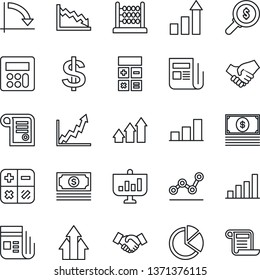 Thin Line Icon Set - handshake vector, growth statistic, dollar sign, calculator, crisis graph, cash, news, bar, pie, abacus, point, arrow up, money search, presentation, contract