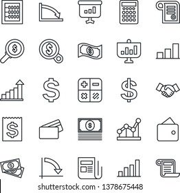 Thin Line Icon Set - handshake vector, growth statistic, dollar sign, calculator, crisis graph, cash, receipt, news, bar, abacus, point, credit card, wallet, money search, presentation, contract