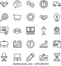 Thin Line Icon Set - handshake vector, gear, identity card, growth statistic, pennant, medal, notebook pc, factory, pencil, stamp, mobile tracking, consumer search, group, clock, office chair, cart
