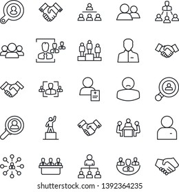 Thin Line Icon Set - handshake vector, hierarchy, pedestal, patient, group, user, company, hr, meeting, client search, consumer