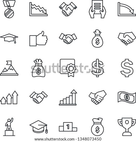 Thin Line Icon Set - handshake vector, growth statistic, dollar sign, pedestal, medal, graduate, money bag, document, finger up, sertificate, arrow graph, motivation, crisis, cash, award cup