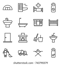 thin line icon set : hangare, hotel, hospital, do not distrub, sink, bath, wardrobe, crib, door, fireplace, bucket and broom, water tap, brooming, home call cleaning, iron board, please clean