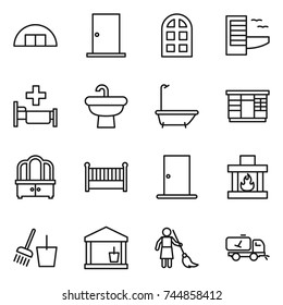 thin line icon set : hangare, door, arch window, hotel, hospital, sink, bath, wardrobe, dresser, crib, fireplace, bucket and broom, utility room, brooming, home call cleaning