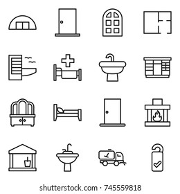 thin line icon set : hangare, door, arch window, plan, hotel, hospital, sink, wardrobe, dresser, bed, fireplace, utility room, water tap, home call cleaning, please clean