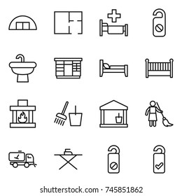 thin line icon set : hangare, plan, hospital, do not distrub, sink, wardrobe, bed, crib, fireplace, bucket and broom, utility room, brooming, home call cleaning, iron board, please clean