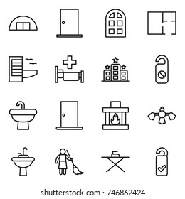 thin line icon set : hangare, door, arch window, plan, hotel, hospital, do not distrub, sink, fireplace, hard reach place cleaning, water tap, brooming, iron board, please clean