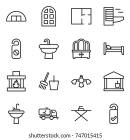 thin line icon set : hangare, arch window, plan, hotel, do not distrub, sink, dresser, bed, fireplace, bucket and broom, hard reach place cleaning, utility room, water tap, home call, iron board