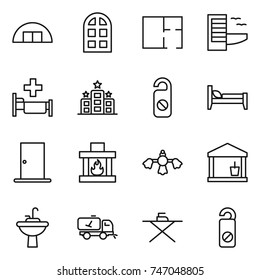 thin line icon set : hangare, arch window, plan, hotel, hospital, do not distrub, bed, door, fireplace, hard reach place cleaning, utility room, water tap sink, home call, iron board