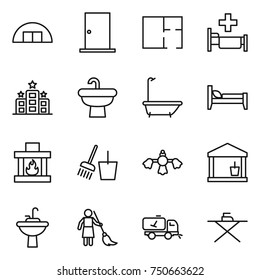thin line icon set : hangare, door, plan, hospital, hotel, sink, bath, bed, fireplace, bucket and broom, hard reach place cleaning, utility room, water tap, brooming, home call, iron board
