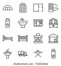 thin line icon set : hangare, arch window, plan, hotel, do not distrub, sink, wardrobe, dresser, bed, crib, fireplace, utility room, water tap, home call cleaning, iron board