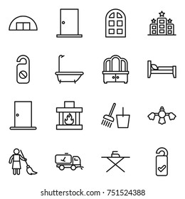 thin line icon set : hangare, door, arch window, hotel, do not distrub, bath, dresser, bed, fireplace, bucket and broom, hard reach place cleaning, brooming, home call, iron board, please clean