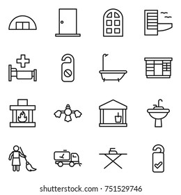 thin line icon set : hangare, door, arch window, hotel, hospital, do not distrub, bath, wardrobe, fireplace, hard reach place cleaning, utility room, water tap sink, brooming, home call, iron board