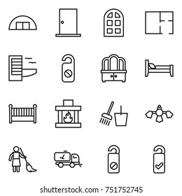 thin line icon set : hangare, door, arch window, plan, hotel, do not distrub, dresser, bed, crib, fireplace, bucket and broom, hard reach place cleaning, brooming, home call, please clean thin line icon set : hangare, door, arch window, plan, hotel, do not distrub, dresser, bed, crib, fireplace, bucket and broom, hard reach place cleaning, brooming, home call, please clean