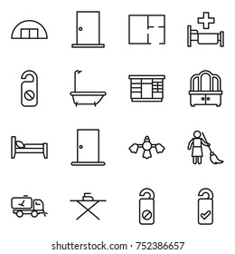 thin line icon set : hangare, door, plan, hospital, do not distrub, bath, wardrobe, dresser, bed, hard reach place cleaning, brooming, home call, iron board, please clean