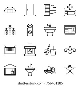 Thin line icon set : hangare, door, hotel, hospital, do not distrub, sink, wardrobe, crib, fireplace, bucket and broom, hard reach place cleaning, utility room, water tap, home call, iron board