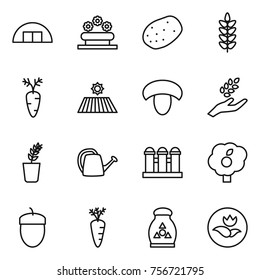 Thin line icon set : hangare, flower bed, potato, spikelets, carrot, field, mushroom, harvest, seedling, watering can, grain elevator, garden, acorn, fertilizer, ecology