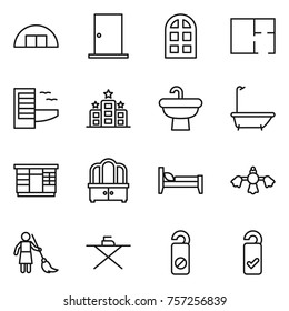 Thin line icon set : hangare, door, arch window, plan, hotel, sink, bath, wardrobe, dresser, bed, hard reach place cleaning, brooming, iron board, do not distrub, please clean
