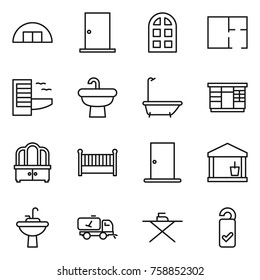 Thin line icon set : hangare, door, arch window, plan, hotel, sink, bath, wardrobe, dresser, crib, utility room, water tap, home call cleaning, iron board, please clean