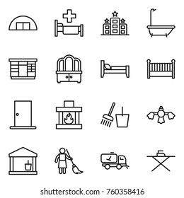 Thin line icon set : hangare, hospital, hotel, bath, wardrobe, dresser, bed, crib, door, fireplace, bucket and broom, hard reach place cleaning, utility room, brooming, home call, iron board
